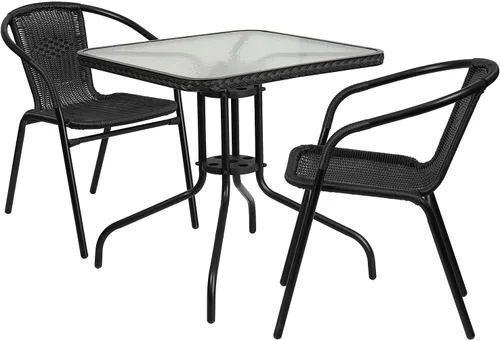 Miniatura 12 de Flash Furniture Mesa cuadrada de metal de vidrio de 28 pulgadas con borde de ratán gris y 4 sillas apilables de ratán gris Transparente/Gris