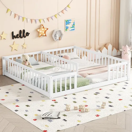 Miniatura 11 de Cama de suelo para niños tamaño Queen con valla, cama de madera con puerta, barandillas en forma de valla, cama de valla para niños, fácil montaje