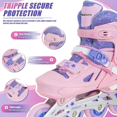 Miniatura 3 de Patines en línea Nattork para niñas y niños, patines ajustables con ruedas iluminadas en 4 tallas, patines iluminados para principiantes para niños