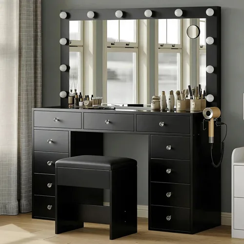 Miniatura 3 de Escritorio negro con espejo iluminado y toma de corriente, mesa de tocador de 11 cajones con silla, tocador de maquillaje con 11 bombillas