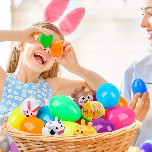 Miniatura 2 de BAINFE 12 huevos de Pascua con juguetes de automóvil para tirar hacia atrás, huevos de plástico con vehículos de animales de dibujos animados