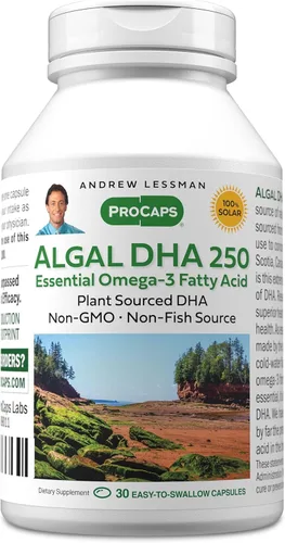 ANDREW LESSMAN Algal DHA 250mg 30 cápsulas blandas - Aceites Omega-3 a base de plantas, algas marinas naturales, alto DHA, sin OMG, alta potencia,