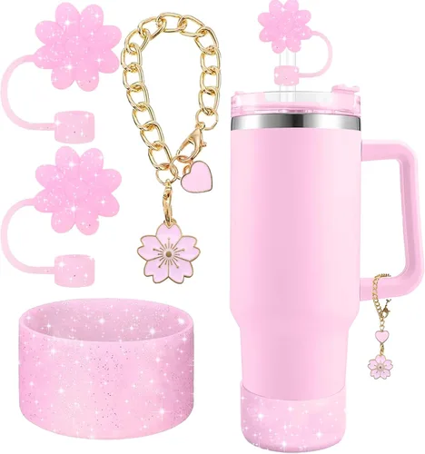 Miniatura 14 de Accesorios para juego de tazas Stanley, 2 tapas de paja de flores reutilizables de 0.394 pulgadas (0.394 in), 1 dije de mango lindo y 1 funda
