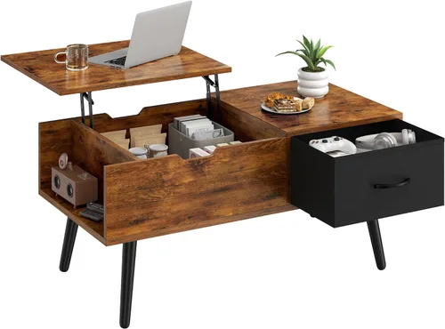 Miniatura 10 de Yaheetech Mesa de centro elevable para sala de estar, mesas centrales pequeñas de madera con gran cajón de almacenamiento y compartimento oculto