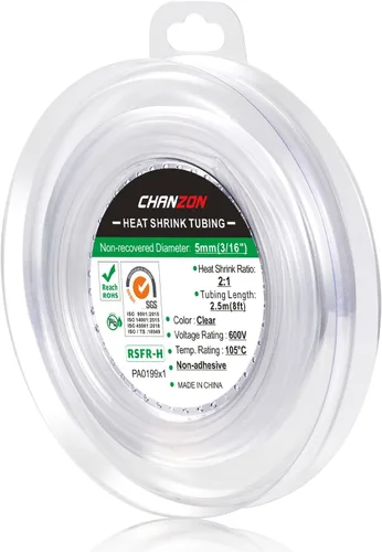 CHANZON - Tubo termorretráctil de poliolefina de 2:1, relación 3/16" (5mm), rollo de 8 pies (2.5M de longitud total), funda transparente de