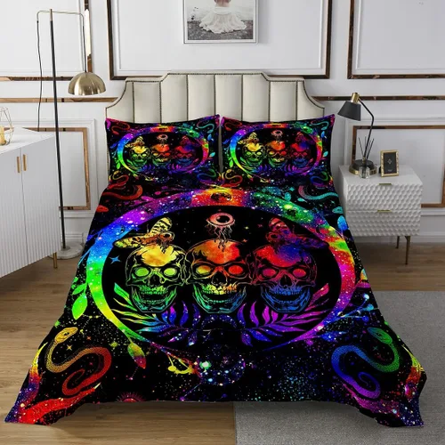Miniatura 2 de Erosebridal Juego de colcha de teñido anudado arcoíris, juego de ropa de cama bohemio de calavera de la muerte, juego de ropa de cama tamaño King