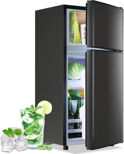 DEMULLER - Pequeño refrigerador de 2.4 pies cúbicos con congelador, mininevera para dormitorio con estantes de plástico removibles, mininevera ideal