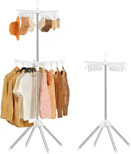 Tendedero plegable para ropa – Estante de secado de ropa de 2 niveles, perchero portátil con barra giratoria para ropa con 24 clips y 3 brazos