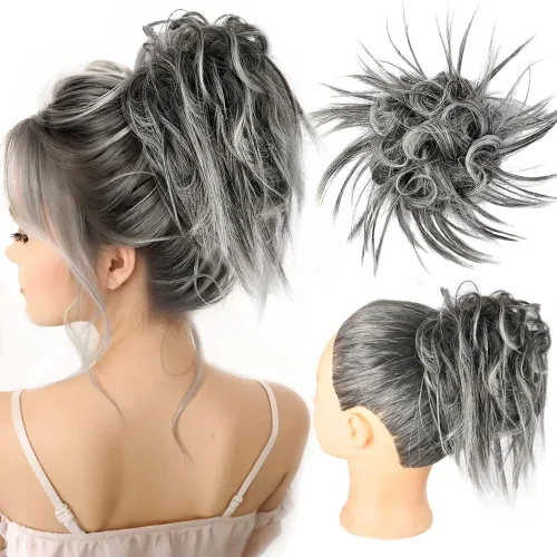 Miniatura 36 de HMD - Extensiones de cabello tipo chongo alborotado con rodelo despeinado, banda elástica de goma, extensiones de cabello sintético para mujer