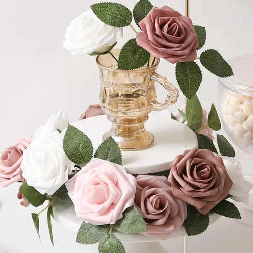 Miniatura 7 de DerBlue 60 rosas artificiales de aspecto real, rosas artificiales de espuma para decoración de bodas, arreglos, fiestas, decoración del hogar