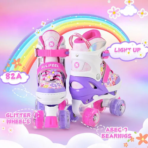 Miniatura 4 de SULIFEEL Rainbow Unicorn - Patines ajustables de 4 tamaños para niñas y niños de 3-5, 5-8, 6-12 años, patines para interiores y exteriores H Floral