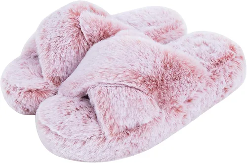 DL - Pantuflas con pelo, de casa, para mujer, con banda cruzada en el dedo del pie abierto, suave forro polar para cuarto, pantuflas de mujer con