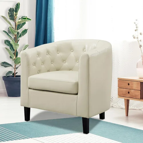 Miniatura 7 de Naomi Home Emma - Silla acentuada con botones copetados de imitación de cuero, silla de barril estilo midcentury moderno, sillón cómodo, sillas