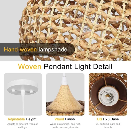 Miniatura 2 de Luces Colgantes Bohemias, Candelabro de Ratán de 1 Luz de 15.7", Luz Colgante de Mimbre Tejida a Mano con Pantalla de Jacinto de Agua, Luz Colgante