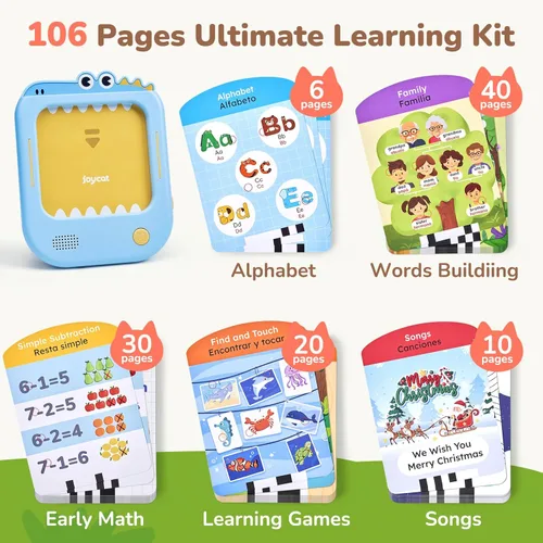 Miniatura 3 de JoyCat Tableta de aprendizaje bilingüe para niños, 106 páginas en español e inglés con 20 juegos interactivos, juguete Montessori para alfabeto