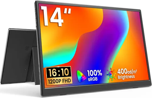 KQC Monitor portátil de 14 pulgadas FHD 1200P, pantalla externa ultrafina USB-C HDMI Plug & Play, altavoces duales 100% sRGB, monitor de portátil de