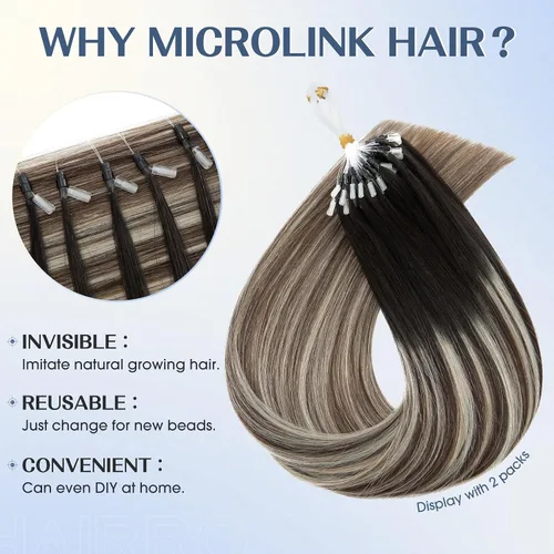 Miniatura 2 de Hairro Micro Loop - Extensiones de cabello humano microenlaces de microperlas de cabello Remy para mujer, reflejos degradados, fusión fría, micro