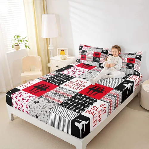 Miniatura 25 de Sábana bajera ajustable de ballet para niñas, juego de ropa de cama de ballet para danza de ballet, sábanas de cama con rayas geométricas onduladas