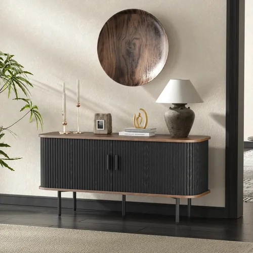 Miniatura 19 de FiveWillowise Gabinete de Bar de Café Negro con Almacenamiento, Gabinete de Licores y Vinos Acanalado con Puertas Corredizas, Portavasos