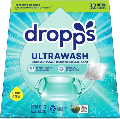 Miniatura 12 de Dropps UltraWash Plus Cápsulas de detergente para lavavajillas, limón cítrico (64 unidades) - Triple potencia de acción Ayuda de enjuague