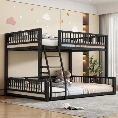 Miniatura 25 de Litera de metal resistente de tamaño individual sobre matrimonial, con escalera integrada y barandilla de seguridad para niños, adolescentes