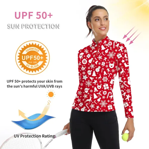 Miniatura 153 de WOWENY Camiseta deportiva de manga larga para mujer, con cremallera de un cuarto, cuello para entrenamiento, camiseta de tenis con estampado