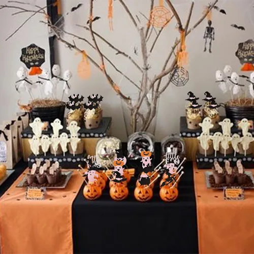 Miniatura 4 de Paquete de 24 adornos para cupcakes de Halloween con purpurina rosa, fantasma, pequeño abucheo, murciélago, bruja, gato, calabaza, magdalena