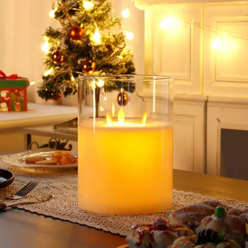 JHY DESIGN Velas de cristal sin llama de 3 mechas de 8 pulgadas de alto operadas por batería con llama danzante parpadeante LED velas tipo pilar con