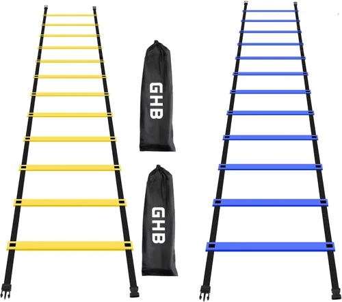 GHB Pro Agility - Escaleras de entrenamiento de agilidad, velocidad de 12 peldaños y 20 pies con bolsa de transporte (amarillo y azul)