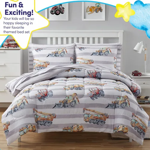 Miniatura 3 de Juego de ropa de cama para niños en una bolsa para niños y niñas, con juego de sábanas impresas y edredón, tamaño completo, camiones