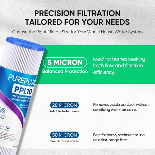Miniatura 6 de PUREPLUS Filtro de sedimento plisado para toda la casa de 5 micras de 10 x 2.5 pulgadas para agua de pozo, cartucho de repuesto para sistema