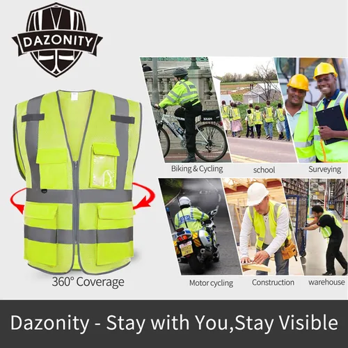 Miniatura 4 de Dazonity Chaleco de seguridad de malla de alta visibilidad con múltiples bolsillos y cremallera, apto para hombres y mujeres, trabajo, construcción
