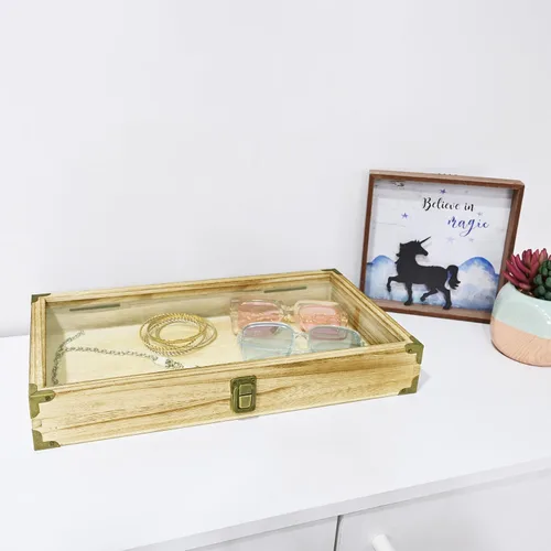 Miniatura 6 de MOOCA Caja de almacenamiento de accesorios de madera natural con esquinas de latón y cierre de metal, bandeja de joyería de madera