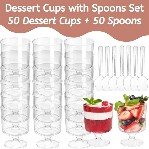 Miniatura 3 de Youeon Paquete de 50 mini vasos de postre de plástico con cucharas, taza de postre transparente de 5 onzas, tazas pequeñas para postres, aperitivos