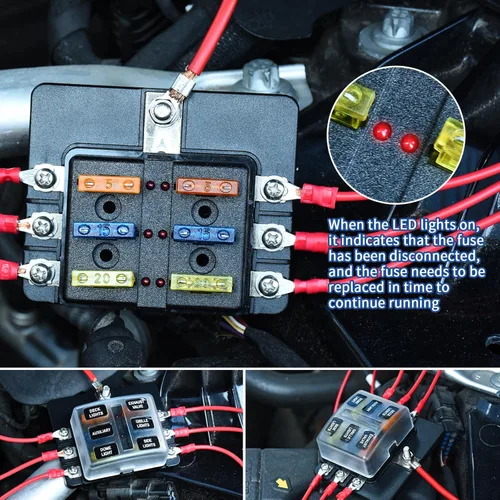 Miniatura 3 de Bloque de fusibles de 6 vías, fusible de hoja de 12 V, 6 circuitos, ATC/ATO, impermeable, soporte para caja de fusibles con indicador LED, cubierta