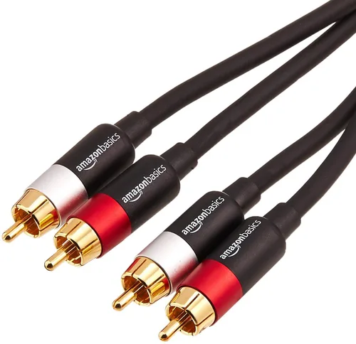 Amazon Basics Cable de audio RCA de 2 contactos para amplificador, altavoces activos o subwoofer con conectores chapados en oro, 1,2 m, negro