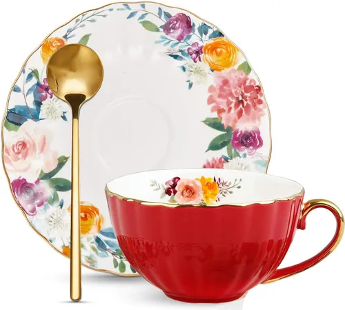 Miniatura 7 de ONEUSTAR Juego de taza de té y platillo para 1 taza de té floral de porcelana de hueso con cuchara, taza de café de 8 onzas, taza de capuchino latte