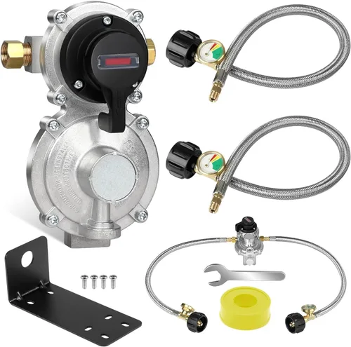 NQN Regulador de gas propano LP de cambio automático de 2 etapas con dos mangueras de propano de 18 pulgadas para RV con manómetro, trenzado de