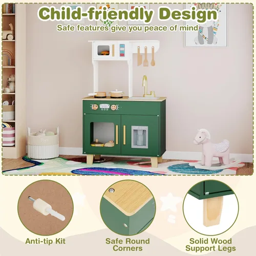 Miniatura 7 de HONEY JOY Play Kitchen, juego de cocina retro de juguete de madera con estufa, fregadero, grifo, microondas, máquina de hielo, utensilios de cocina