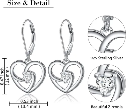 Miniatura 6 de Aretes de plata fina 925 en forma de corazón colgante para mujeres y niñas.