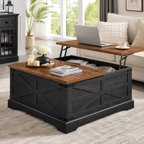 Miniatura 9 de JXQTLINGMU Farmhouse - Mesa auxiliar elevable con gran almacenamiento, mesa cuadrada de madera de 36 pulgadas con compartimento oculto, mesa