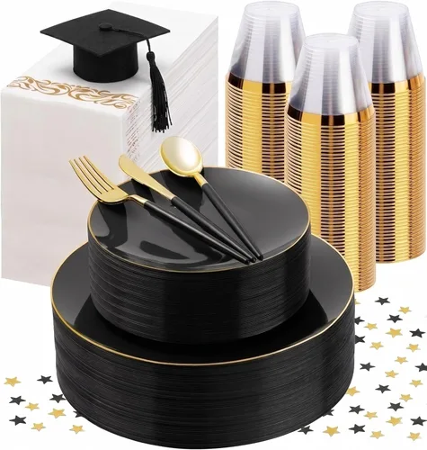 350 Piezas Juego de Vajilla de Plástico Negro Dorado, Platos Desechables Dorados para Fiesta, Incluye 100 Platos Negros con 150 Cubiertos de