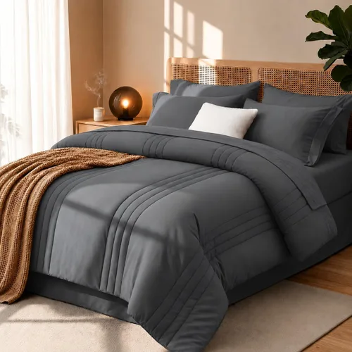Miniatura 12 de juego de edredón tamaño individual negro - Cama en una bolsa tamaño individual 5 piezas, juego de ropa de cama suave para todas las estaciones