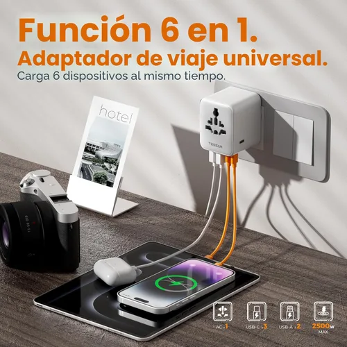 Miniatura 4 de TESSAN Adaptador de viaje universal de 28 W, adaptador de corriente internacional con 3 puertos de carga USB C 2 USB A, adaptador de enchufe mundial