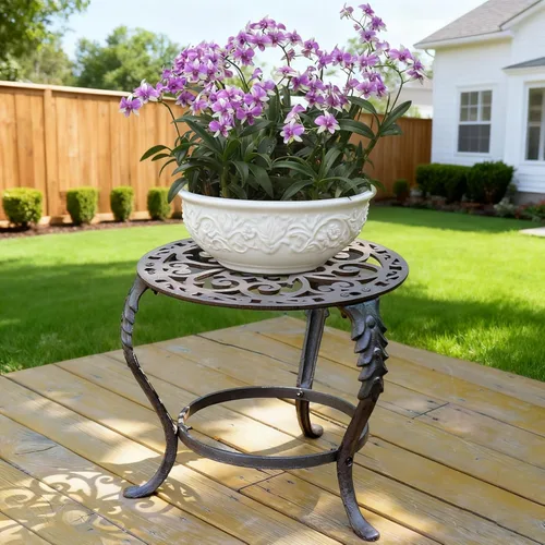 Miniatura 9 de Notakia Soporte para plantas para interiores y exteriores, mesa de hierro fundido resistente para patio y jardín, estante alto de metal decorativo