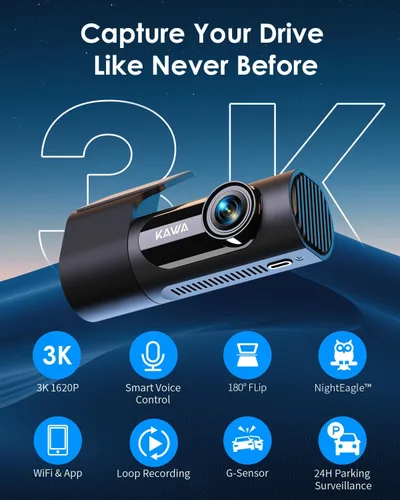Miniatura 2 de KAWA Dash Cam 2K, cámara WiFi para tablero de automóviles 1440P con control de voz manos libres, visión nocturna, mini cámara frontal oculta