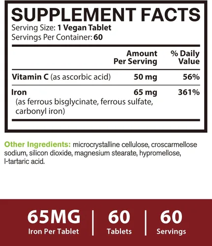 Miniatura 4 de Suplemento de hierro Vitacook para mujeres y hombres, píldoras de hierro 3-en-1 de 65 mg, bisglicinato, sulfato, hierro carbonilo con vitamina C