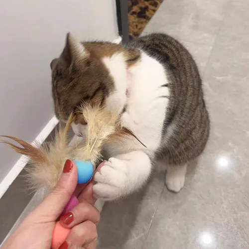 Miniatura 7 de Pelotas de juguete para gatos con plumas, 3 pelotas interactivas para gatos de interior y gatitos juguetones, juguetes de goma