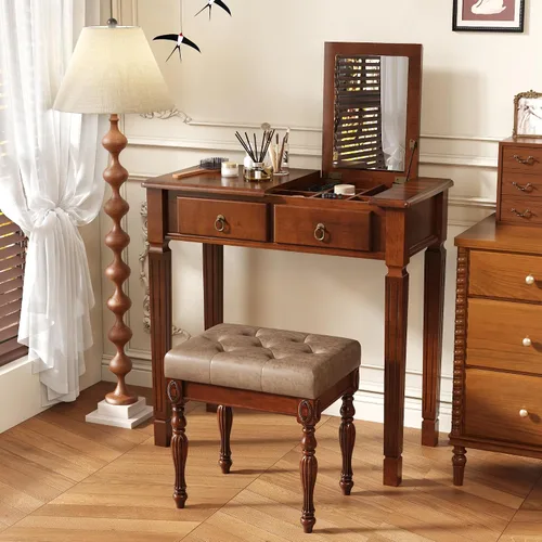 Miniatura 12 de Escritorio pequeño con juego de taburetes, mesa de tocador de maquillaje con espejo abatible y taburete tapizado, tocadores de madera maciza con 2