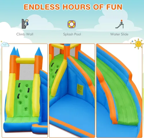 Miniatura 6 de COSTWAY Tobogán acuático inflable, parque acuático gigante con soplador de 480 W, pared de escalada, piscina de chapoteo, toboganes acuáticos